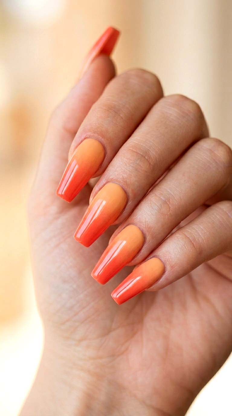 Coral and Peach Sunset Gradient - 30 Cheerful Spring Multicolor Nails