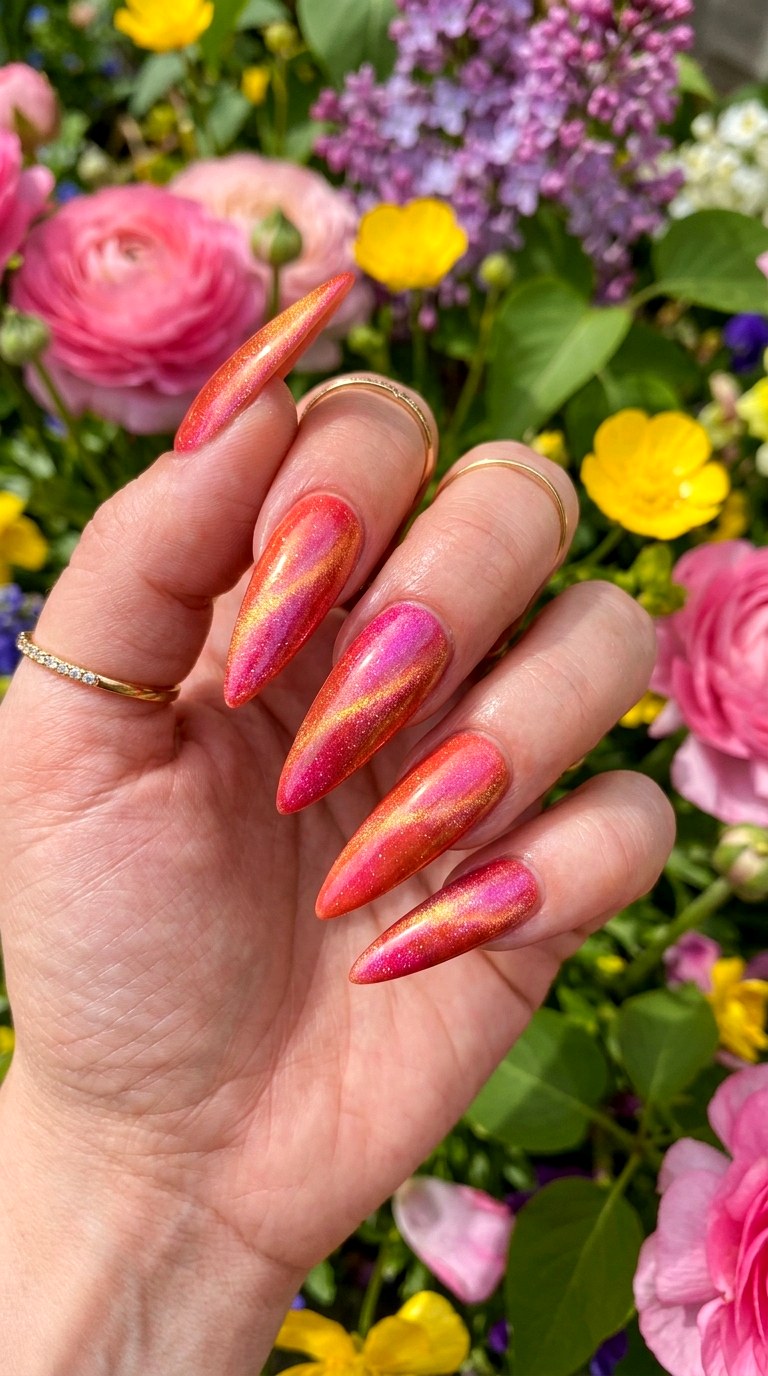 Coral and Pink Fusion - 20 Spring Dual-Tone Magnetic Cat Eye Nails Ideas