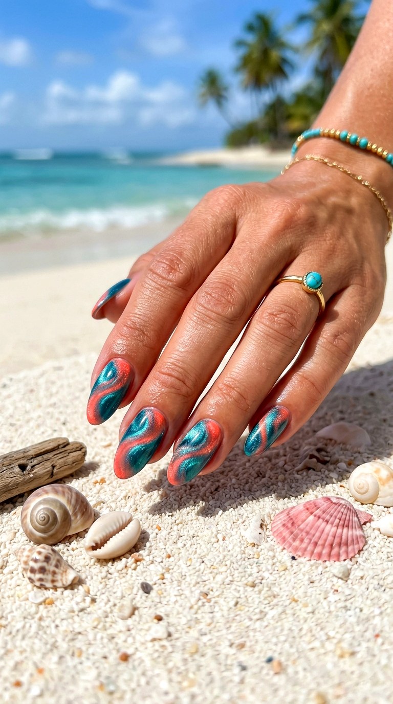 Coral and Teal Ocean Wave - 26 Summer Dual-Tone Magnetic Cat Eye Nails Ideas
