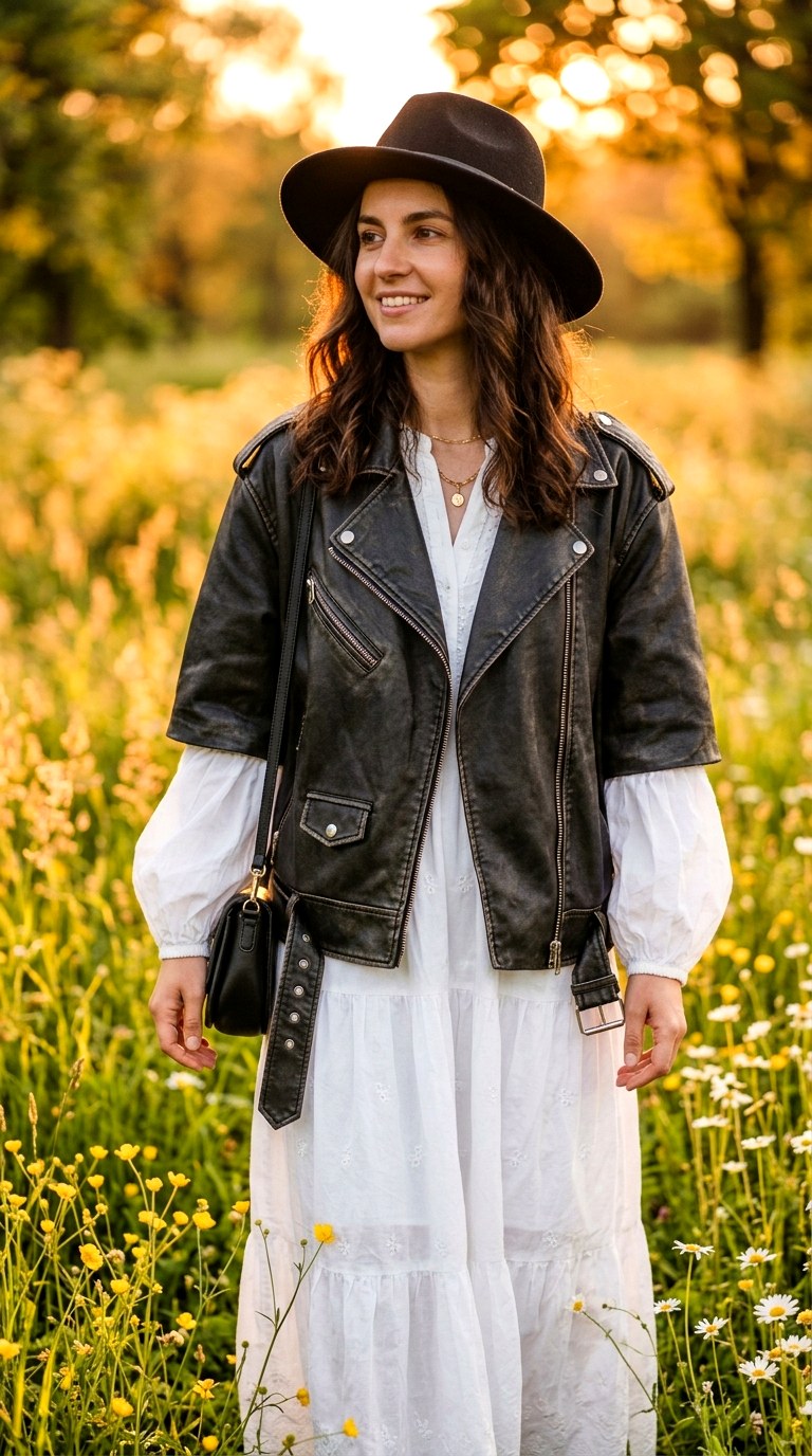 Cottagecore White Maxi Dress - 27 oversized leather jacket outfits