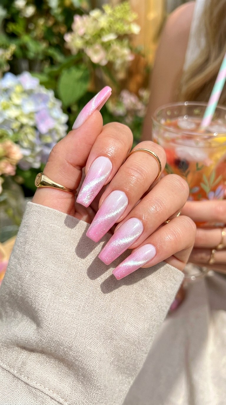 Cotton Candy Ombre Cat Eye Nails - 21 Summer Pink and White Gradient Cat Eye Nails Ideas
