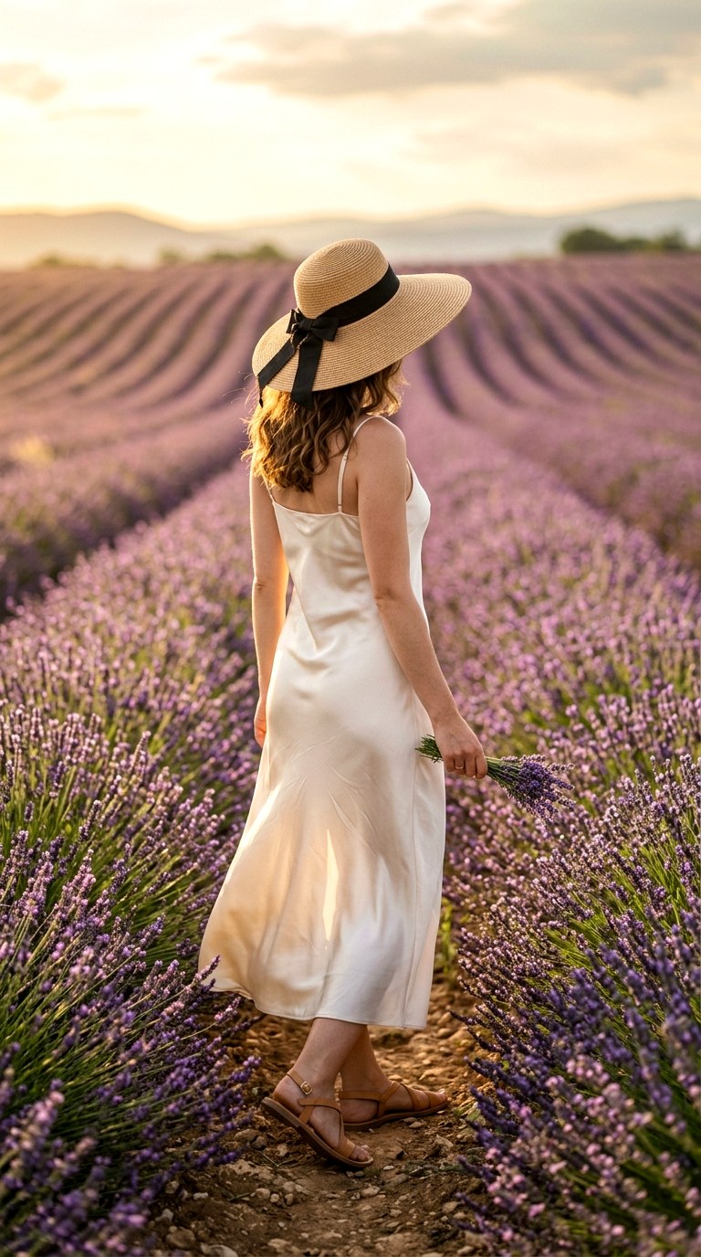Cream Silk Slip Dress with Oversized Sun Hat - 23 old money outfits summer