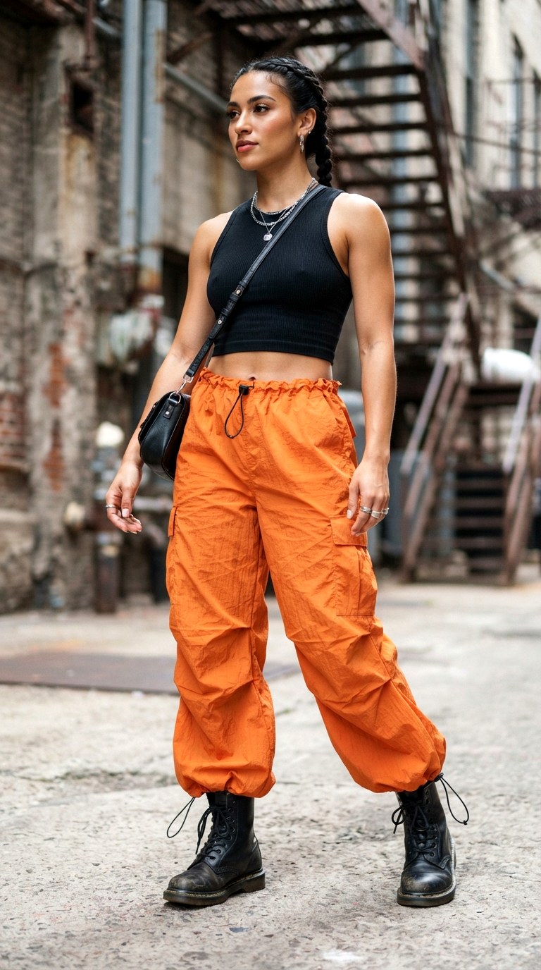 Crinkle Textured Parachute Pants - 30 orange pants