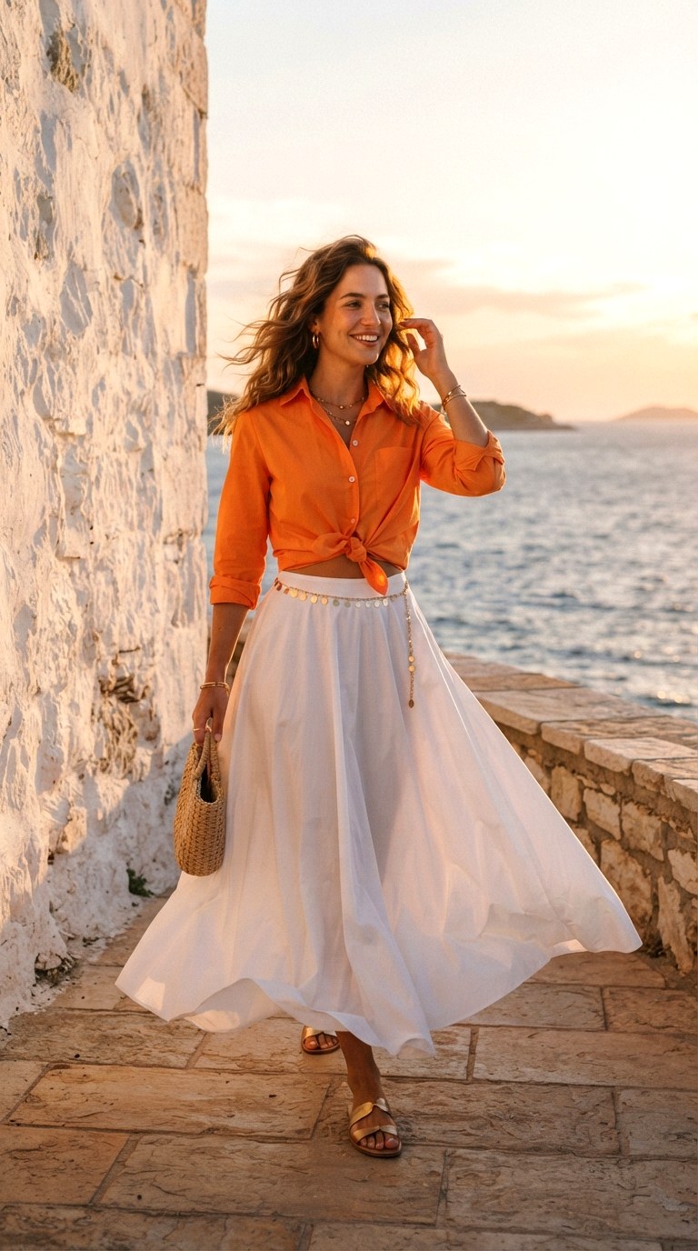 Crisp Cotton White Maxi Skirt - 24 orange shirt outfit