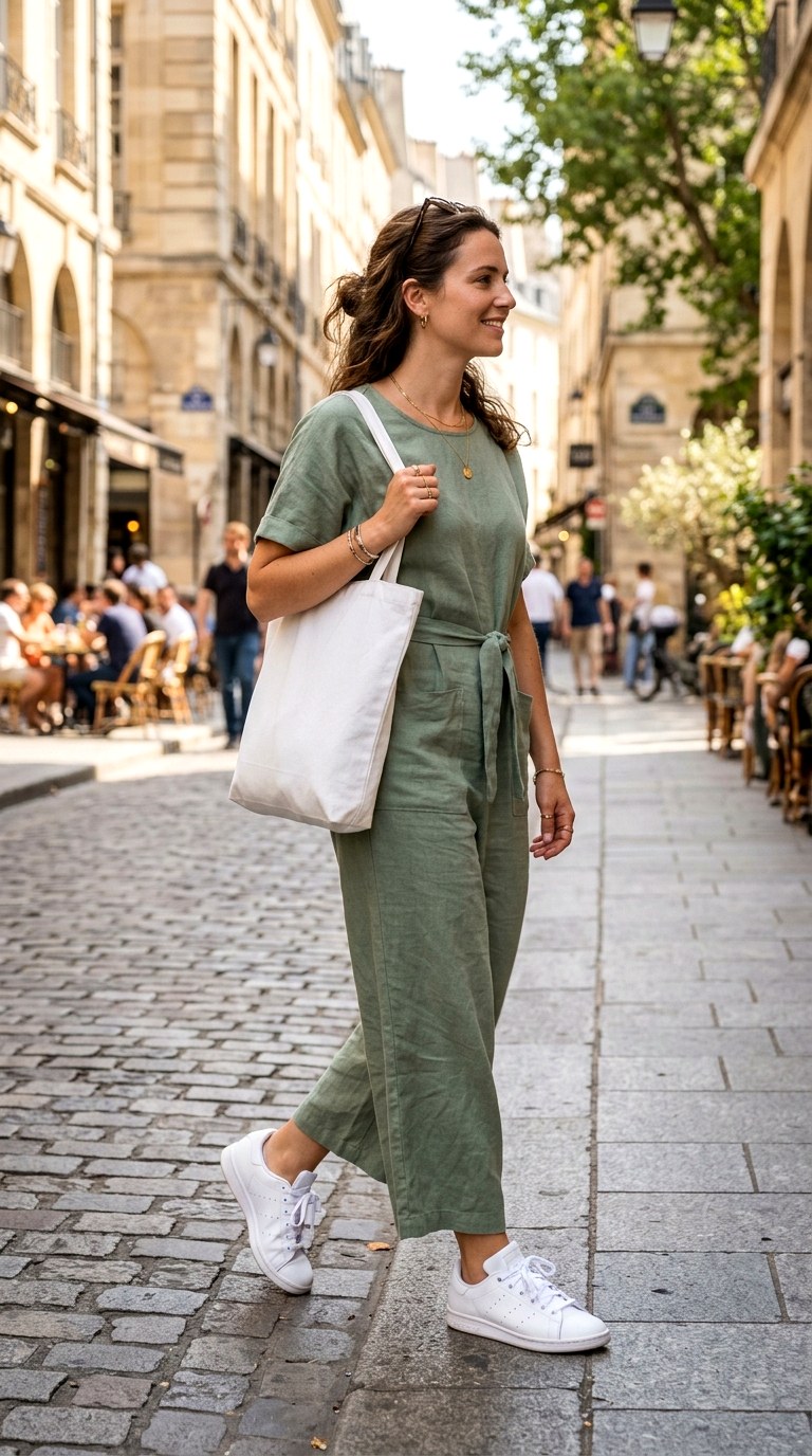 Crisp White Sneakers and Sage - 28 green jumpsuit outfit