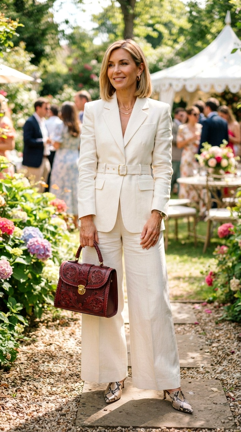 Crisp White Suiting with Tooled Leather Bag Western Chic Outfit - 29 western chic outfits