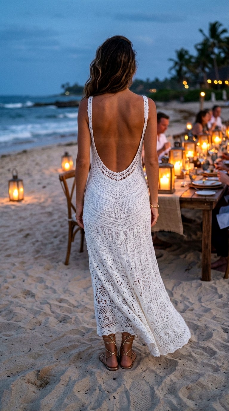 Crochet Maxi Dress With Deep U Back - 22 island vacation outfits
