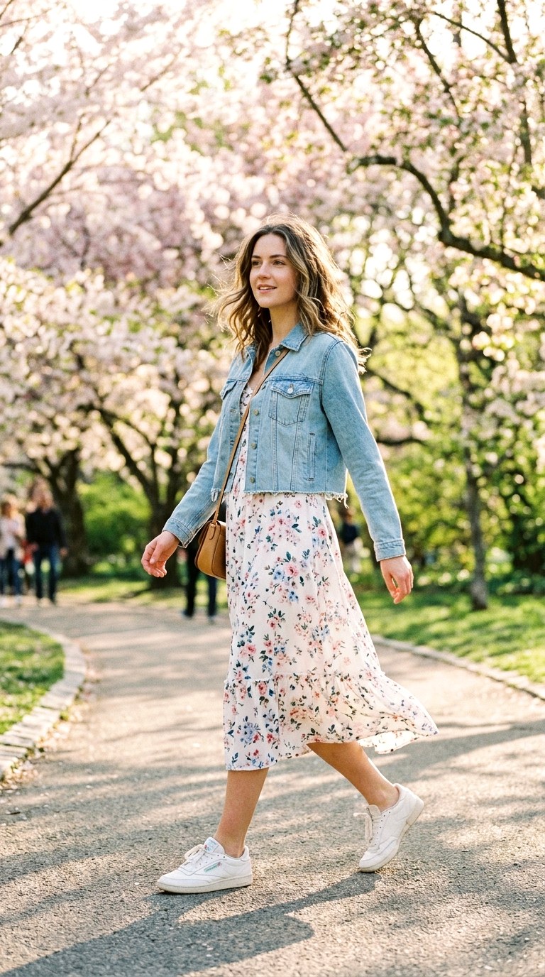 Cropped Denim Jacket with Floral Dress - 24 Beautiful Spring Outfit Inspirations 2026 for a Fresh New Look