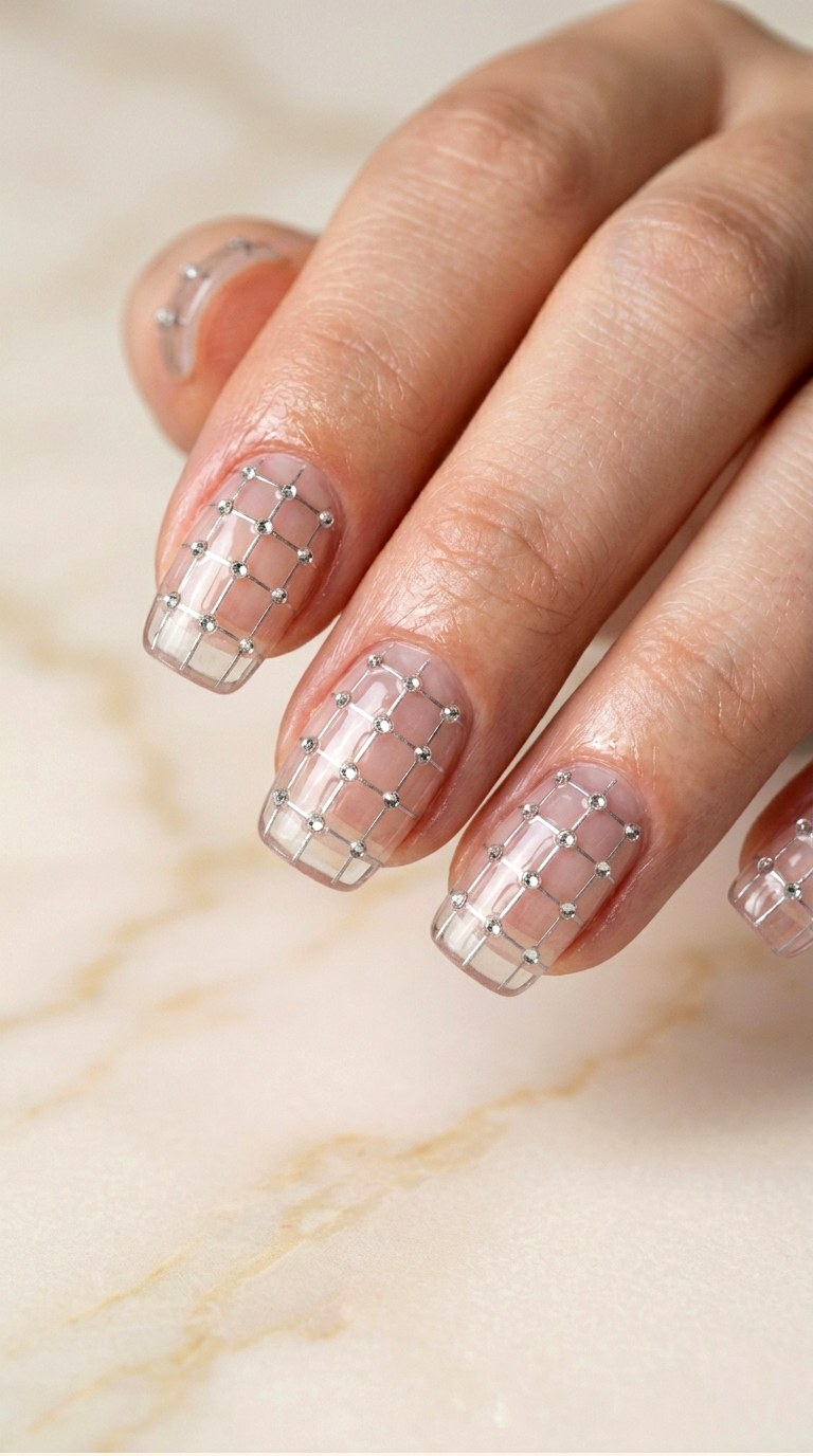 Crystal Embellished Fine Line Grids - 29 Fine-Line Spring Acrylic Nails