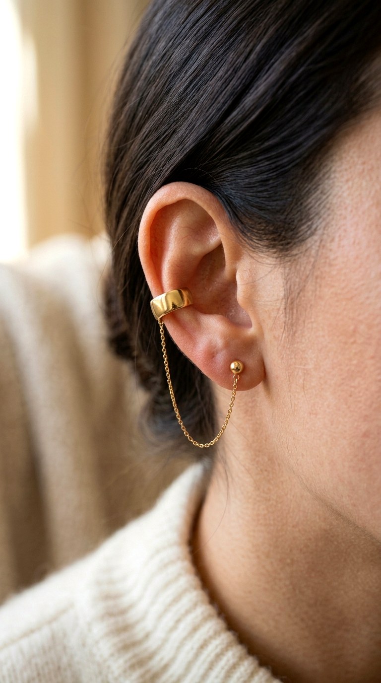 Cuff and Chain Illusion Wrap Gold Earnings - 27 earring stacks gold