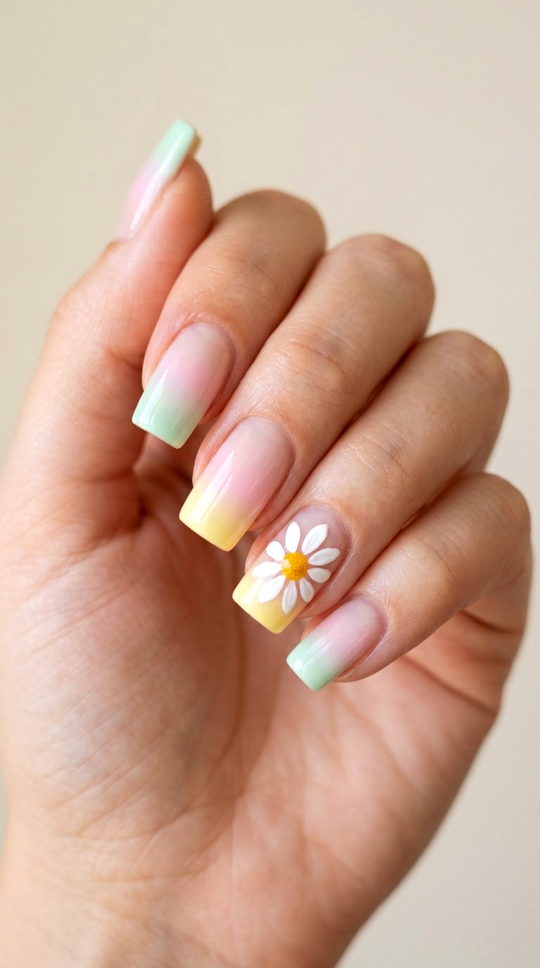 Daisy Accented Pastel Tips - 30 Dreamy Spring Ombre Nails