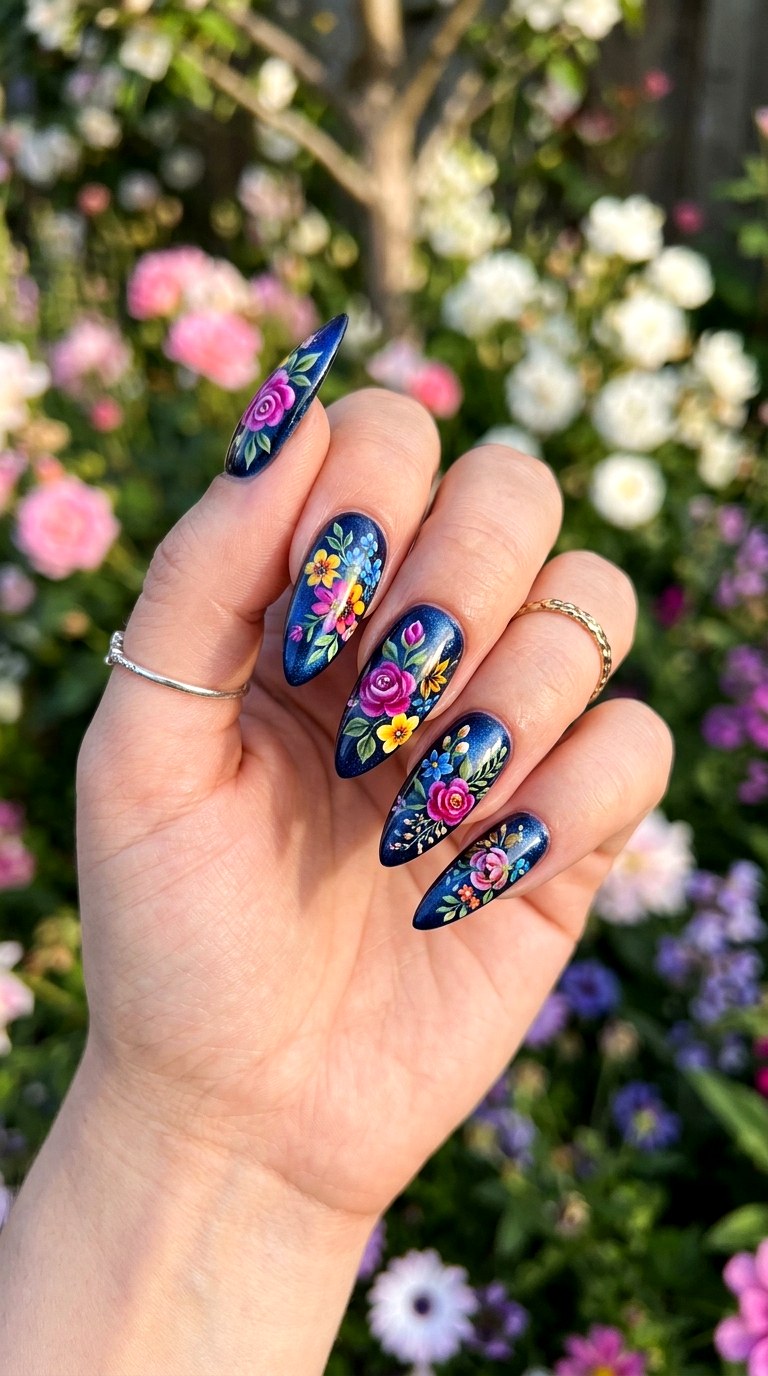 Dark Base Floral Cat Eye Nails - 20 Spring Floral Cat Eye Nails Ideas