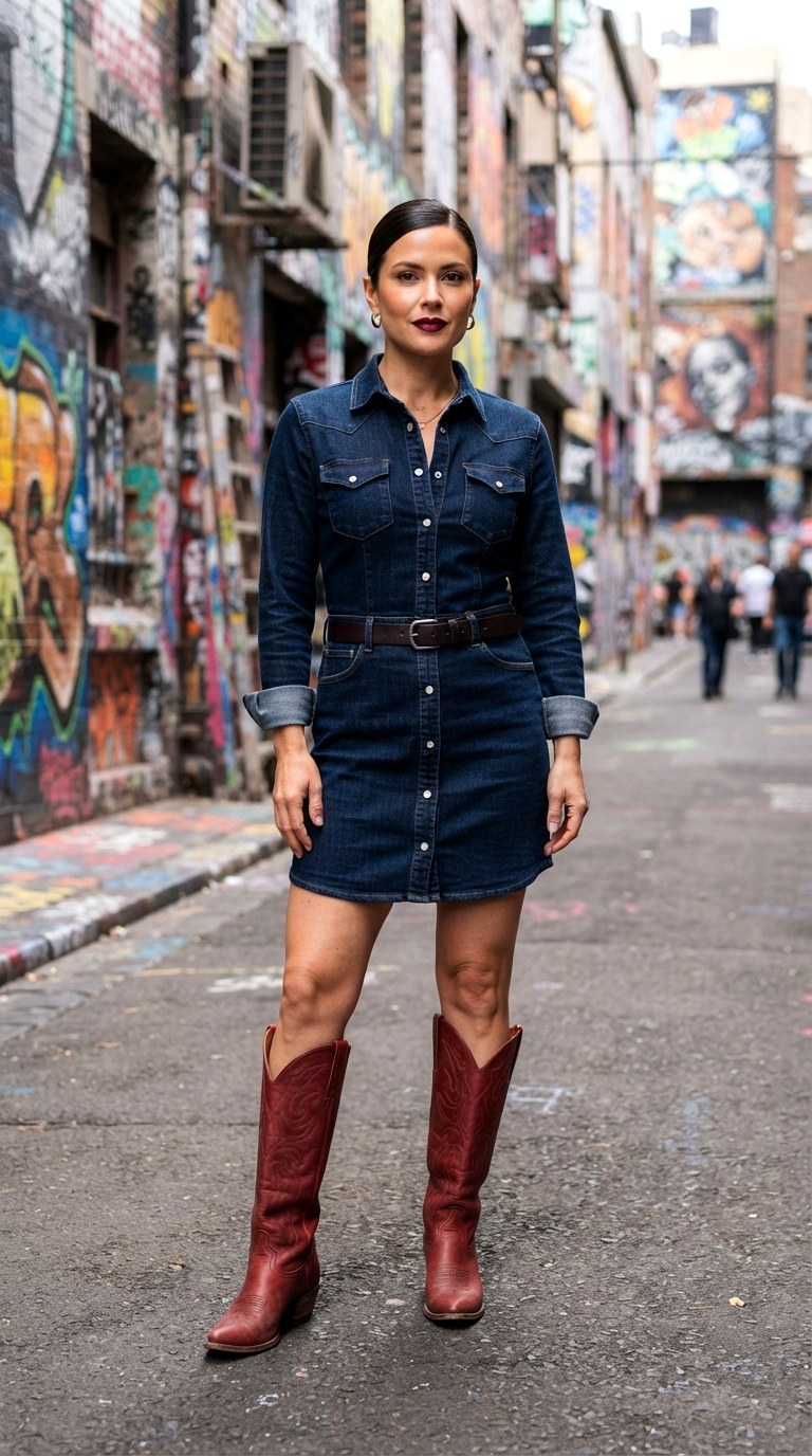 Dark Denim Shirtdress with Red Boots Western Chic Outfit - 29 western chic outfits