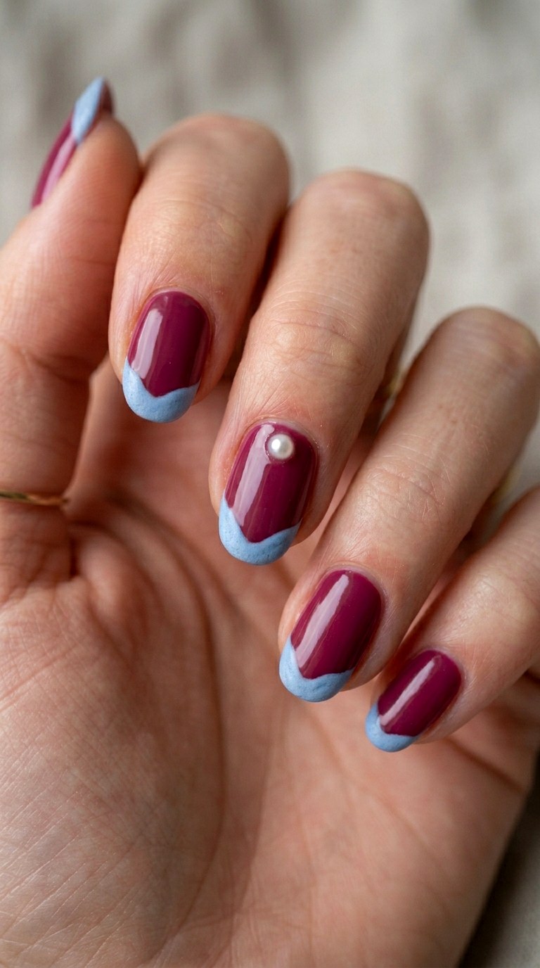 Deep Berry Base with Powder Blue Tips - 23 Contrast Spring Colorful Junk Nails