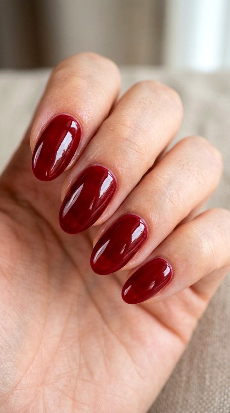 Deep Cherry Red Glossy Oval Acrylics - 22 Bright Spring Multicolor Acrylic Nails