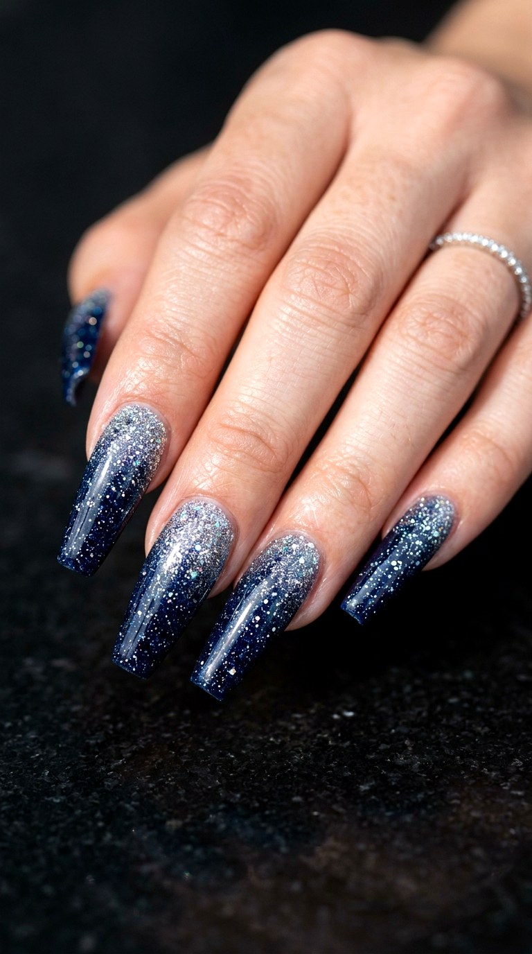 Deep Navy Glitter Ombre Coffin Nails - 29 Festive Spring Multicolor Acrylic Nails