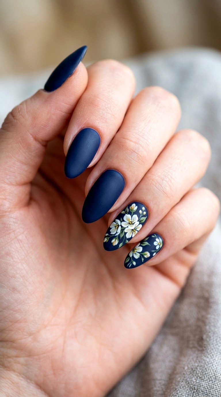 Deep Navy Matte Floral Art - 26 At-Home Spring Color Street Nails