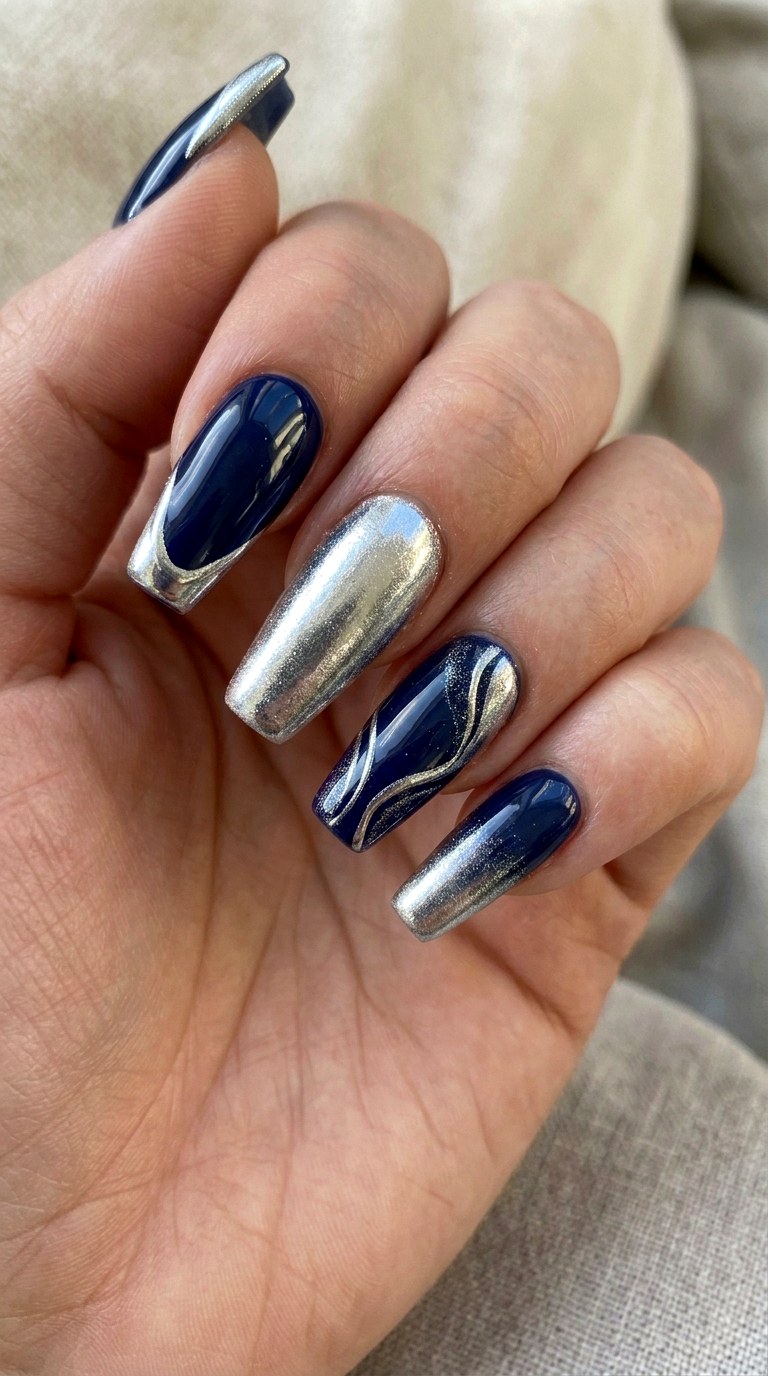 Deep Navy and Shimmering Silver Contrast - 21 Unique Spring Multicolor Acrylic Nails
