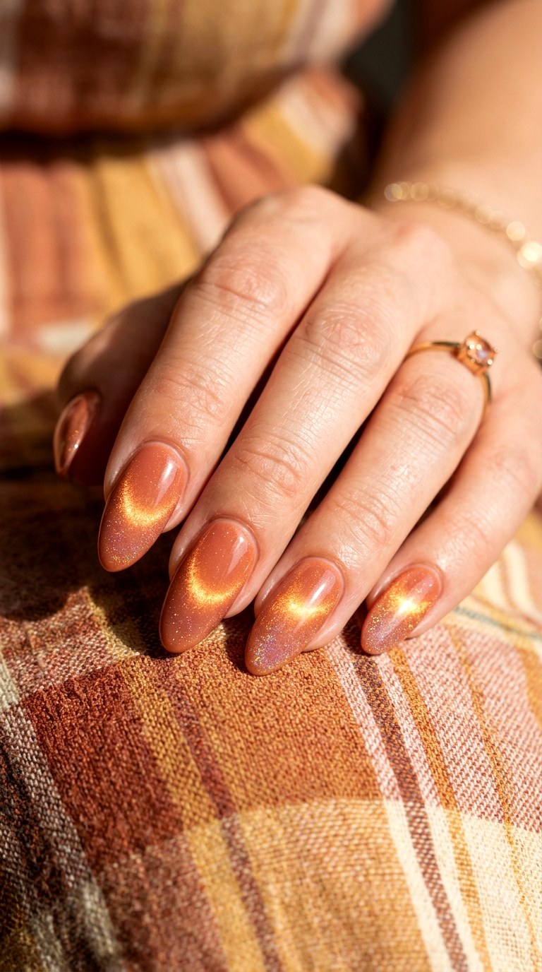 Deep Peach Cat Eye with Gradient Glow - 22 Summer Peach Cat Eye Nails Ideas