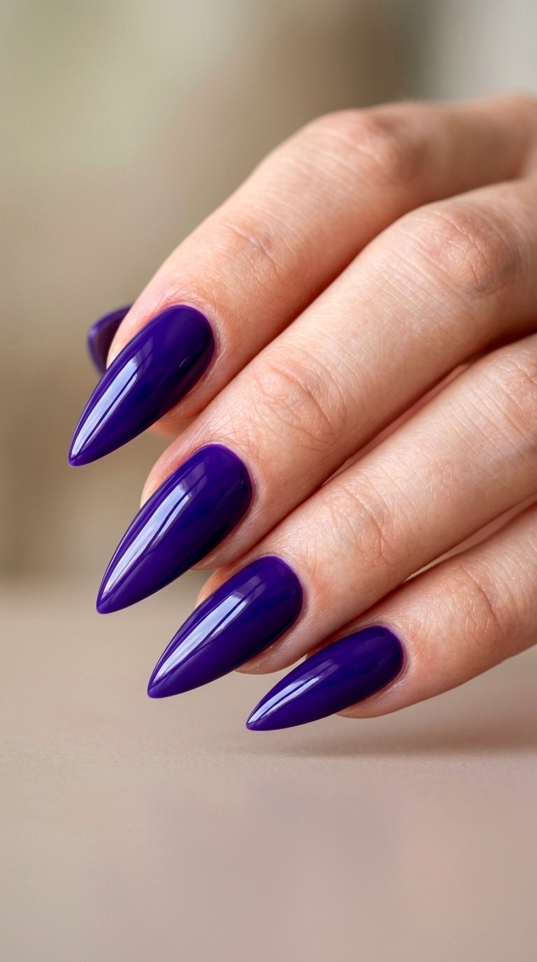 Deep Violet Glassy Monochrome - 27 Fierce Spring Stiletto Nails