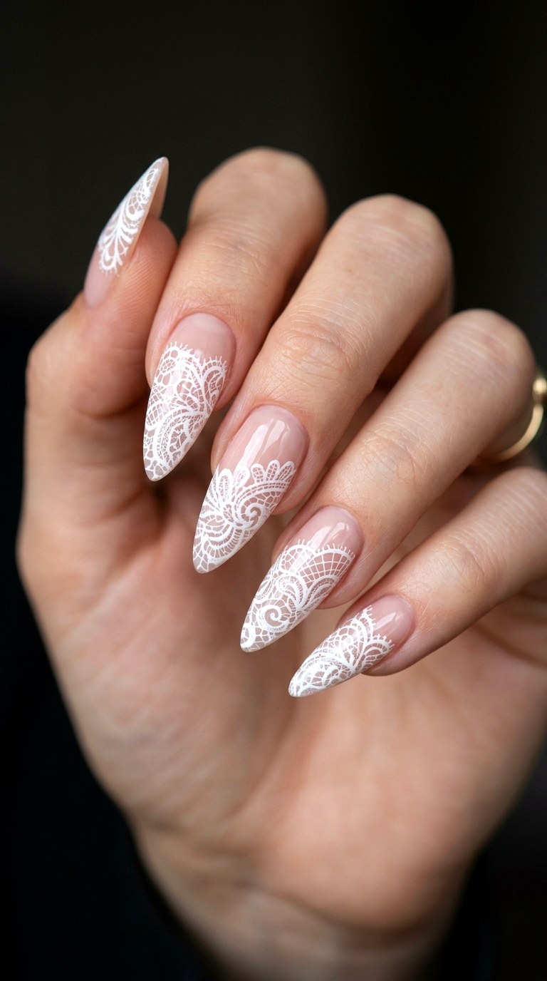 Delicate White Lace Texture - 28 Sharp Spring Stiletto Nails