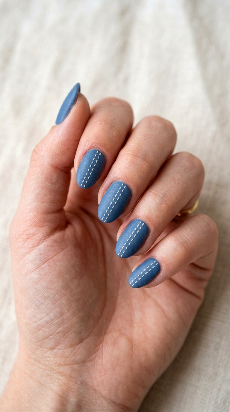 Denim Blue and Ecru Stitching Lines - 25 Simple Spring Two Colored Nails