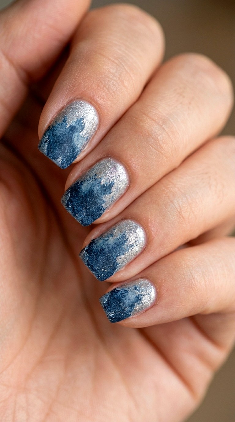 Denim Blue and Frosted Silver Ombre - 20 Abstract Spring Two Colored Nails