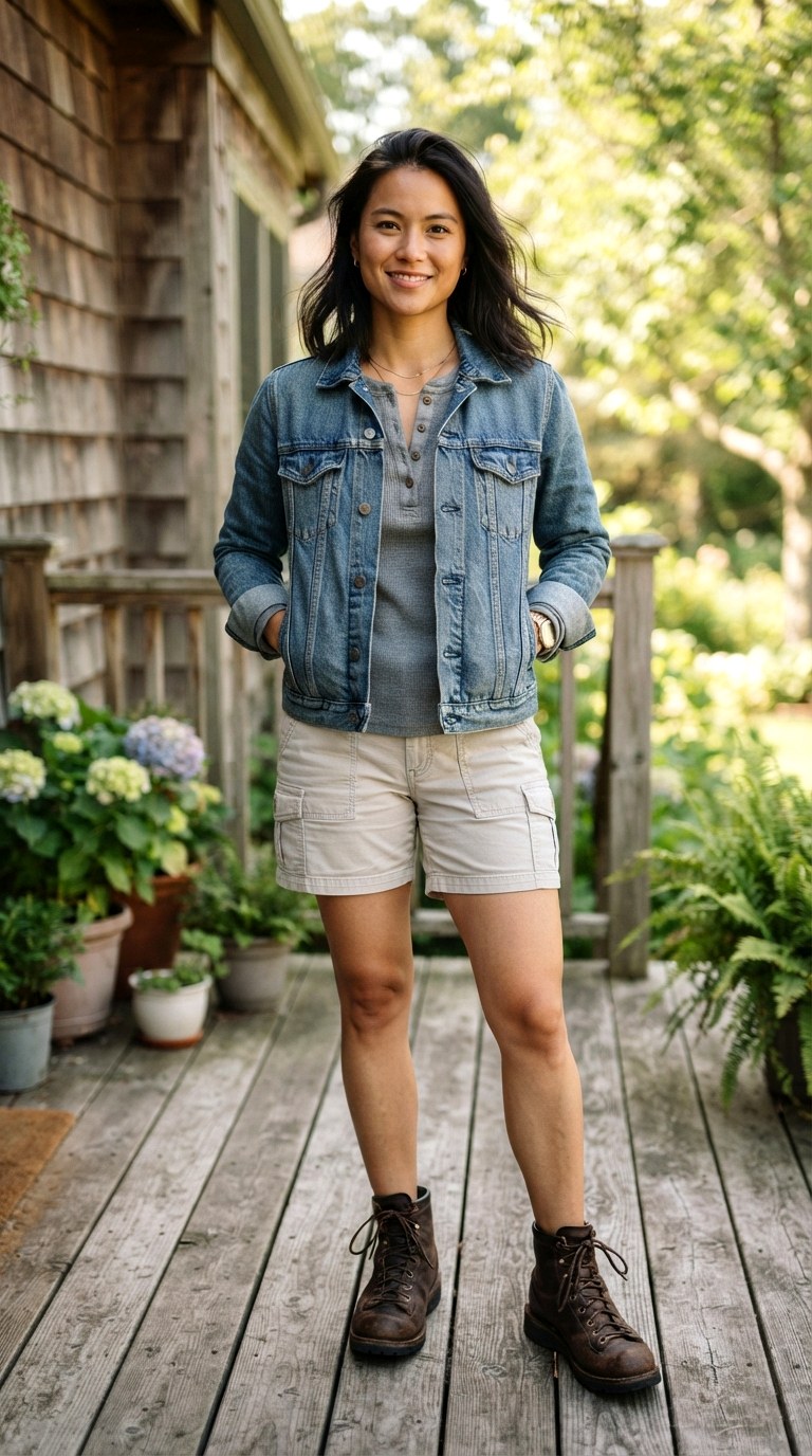 Denim Jacket and Cotton Henley With Cargo Shorts - 23 cargo shorts outfit