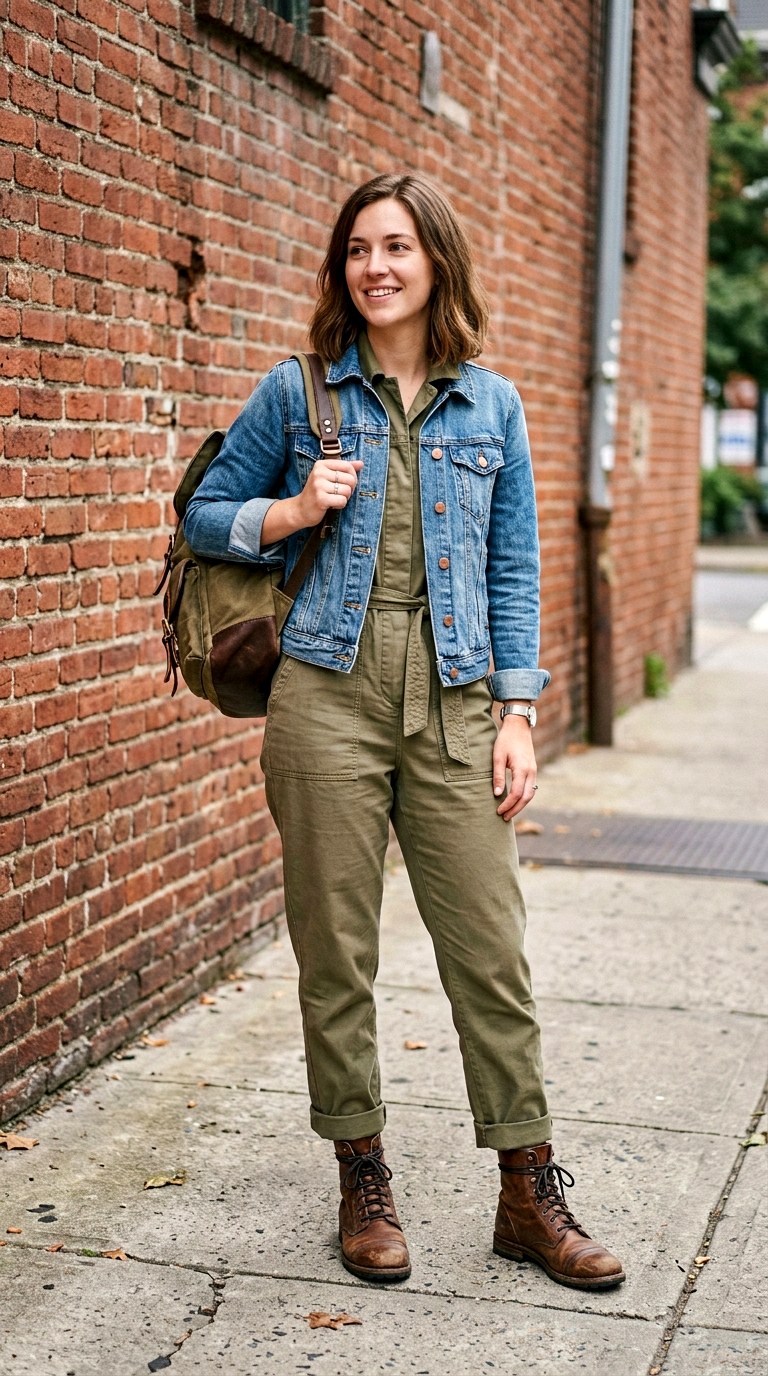 Denim Jacket on Utility Khaki - 28 green jumpsuit outfit