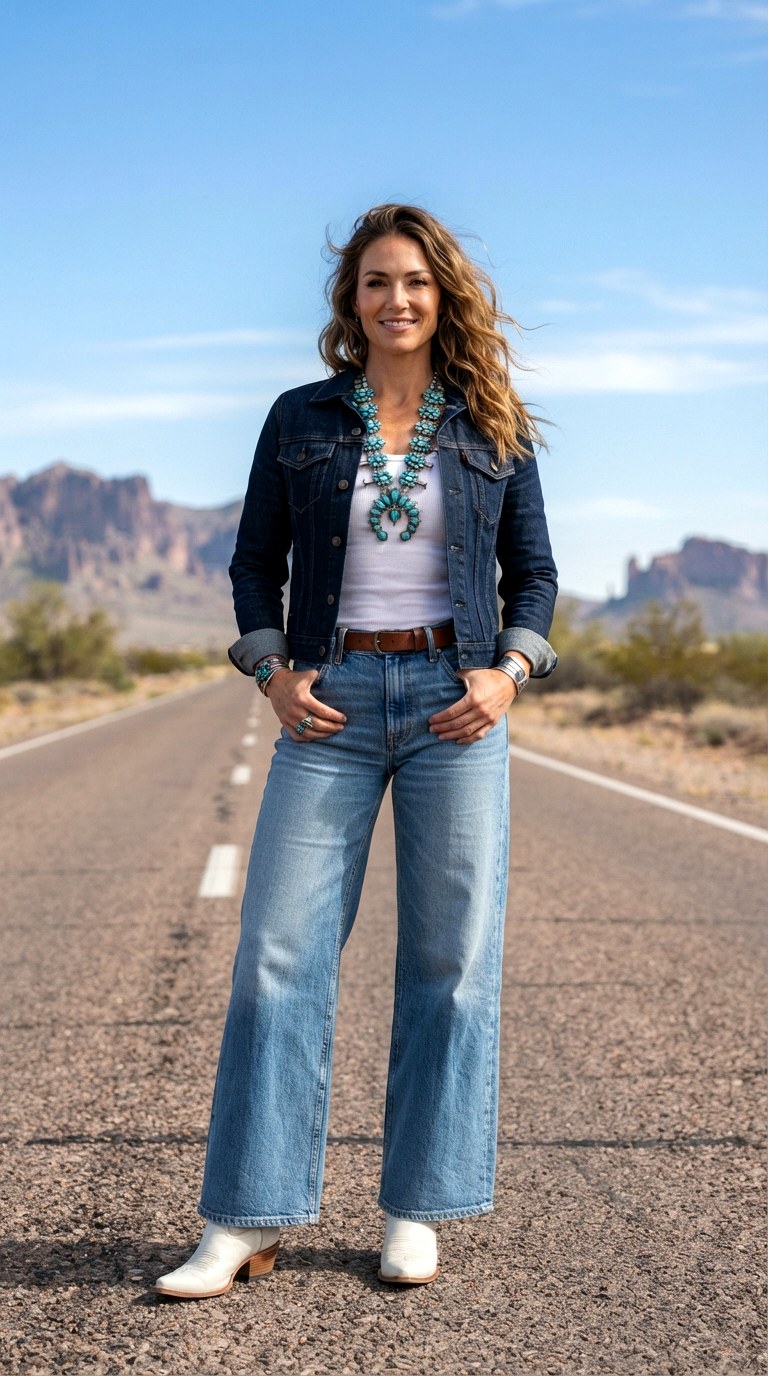Denim on Denim with Turquoise Accents Western Chic Outfit - 29 western chic outfits