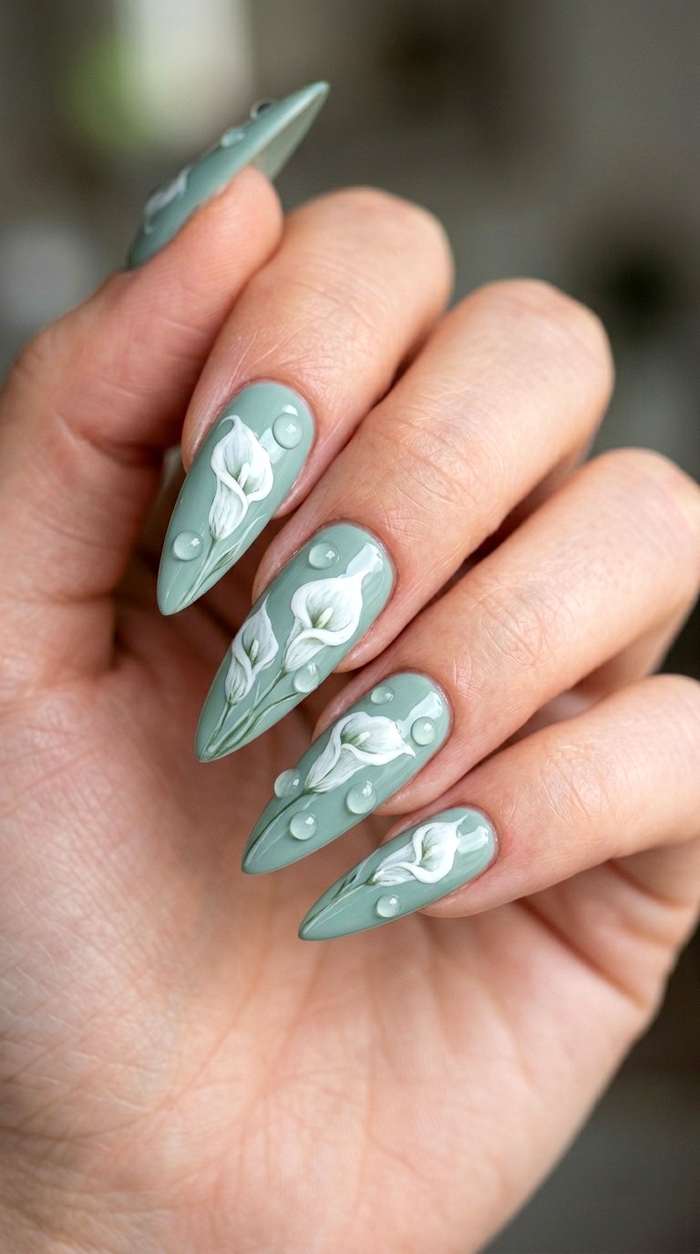 Dewy Morning Lilies - 28 Botanical Spring Stiletto Nails