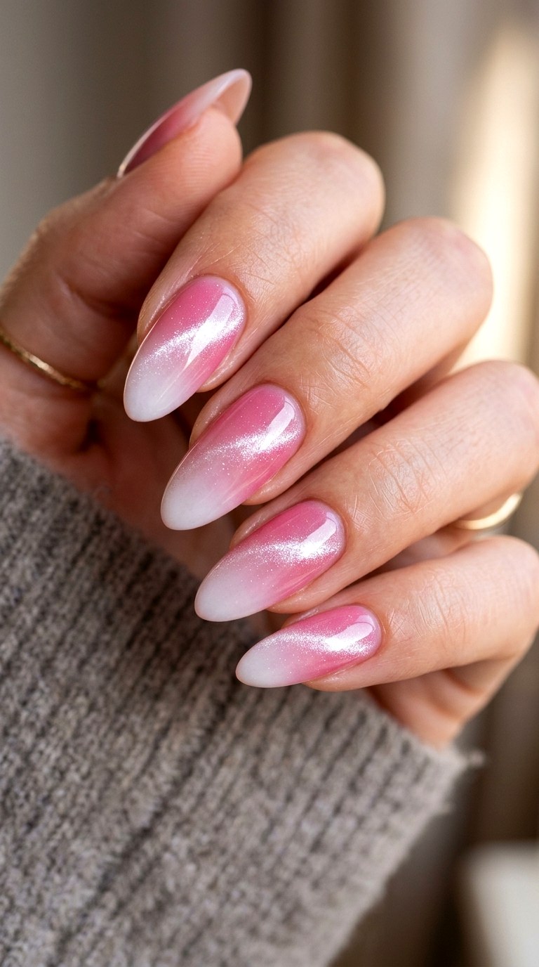 Diagonal Gradient with Magnetic Accent - 20 Spring Pink and White Gradient Cat Eye Nails Ideas