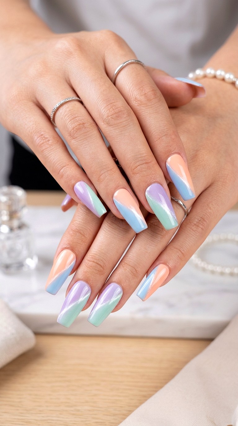 Diagonal Pastel Cat Eye Split Nails - 20 Spring Pastel Rainbow Cat Eye Nails Ideas