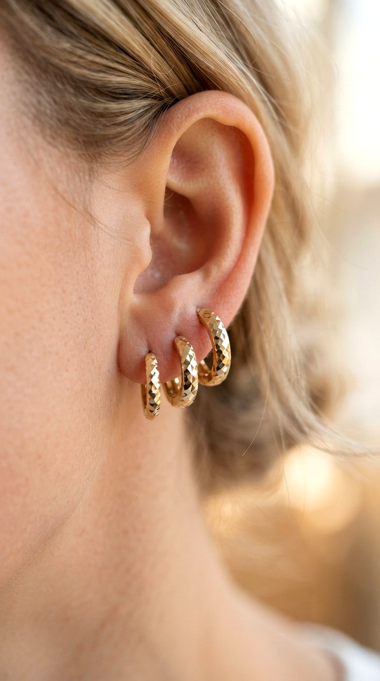 Diamond Cut Huggie Trio Gold Earnings - 27 earring stacks gold