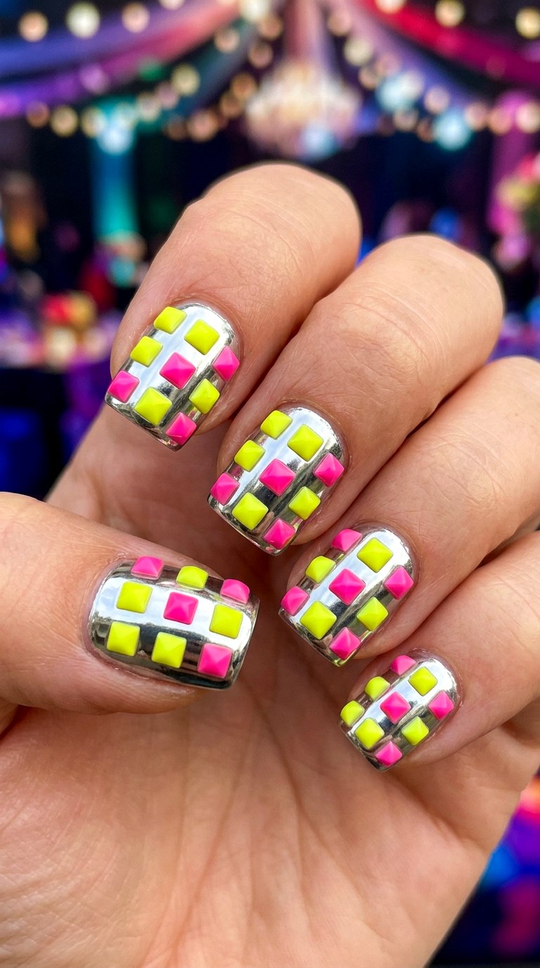 Disco Ball Silver and Bright Studs - 29 Maximalist Spring Colorful Junk Nails