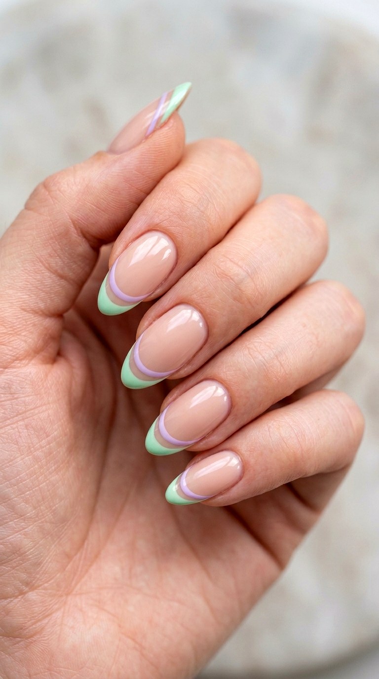 Double French Tips in Mint and Lilac - 23 Geometric Spring Two Colored Nails