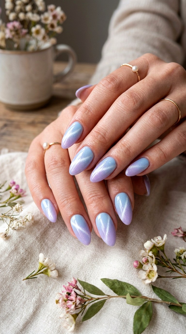 Dual Tone Baby Blue Cat Eye Nails - 20 Spring Baby Blue Cat Eye Nails Ideas