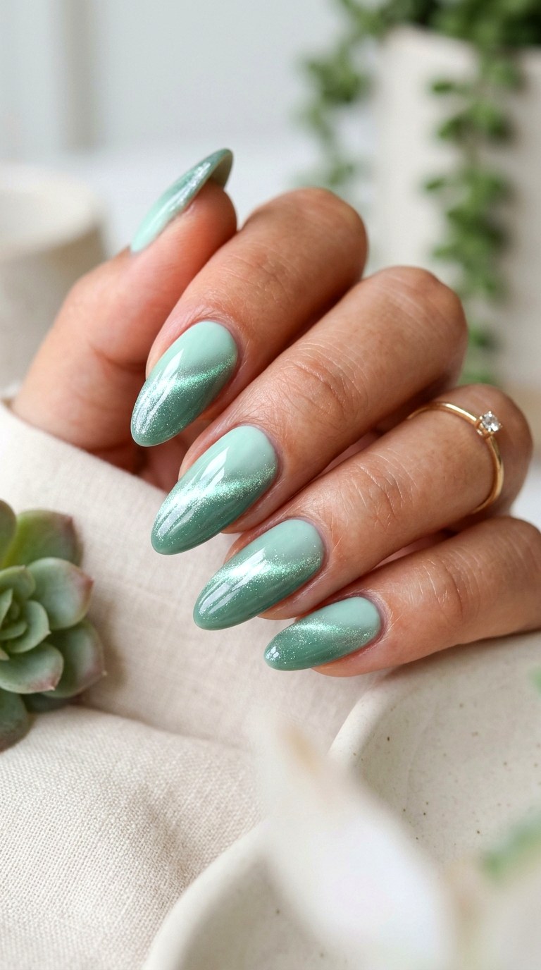 Dual Tone Mint Cat Eye Nails - 23 Summer Mint Green Cat Eye Nails with Sparkle Ideas