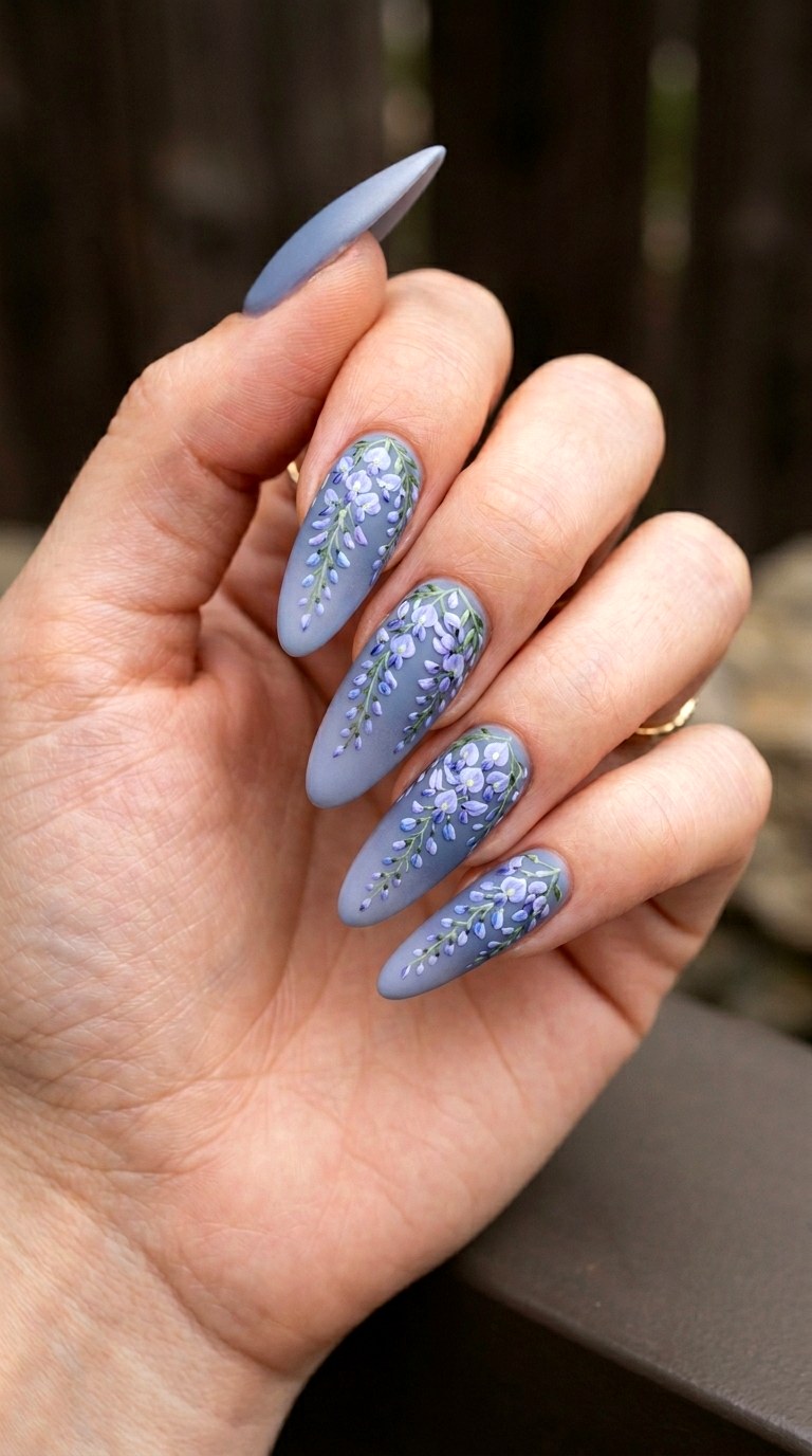 Dusty Blue Wisteria Drapes - 26 Floral Spring Acrylic Nails