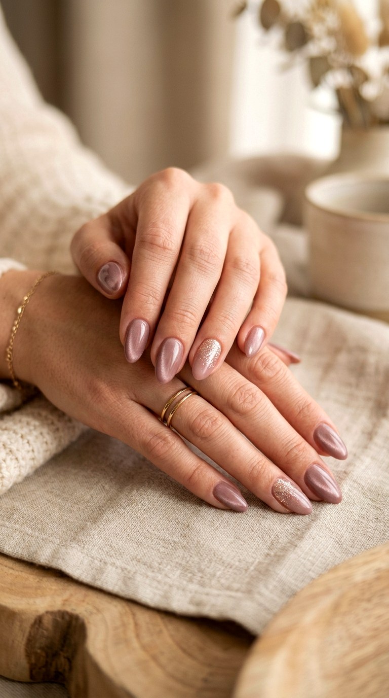 Dusty Blush Cat Eye with Champagne Glitter - 20 Spring Blush Cat Eye Nails with Glitter Ideas