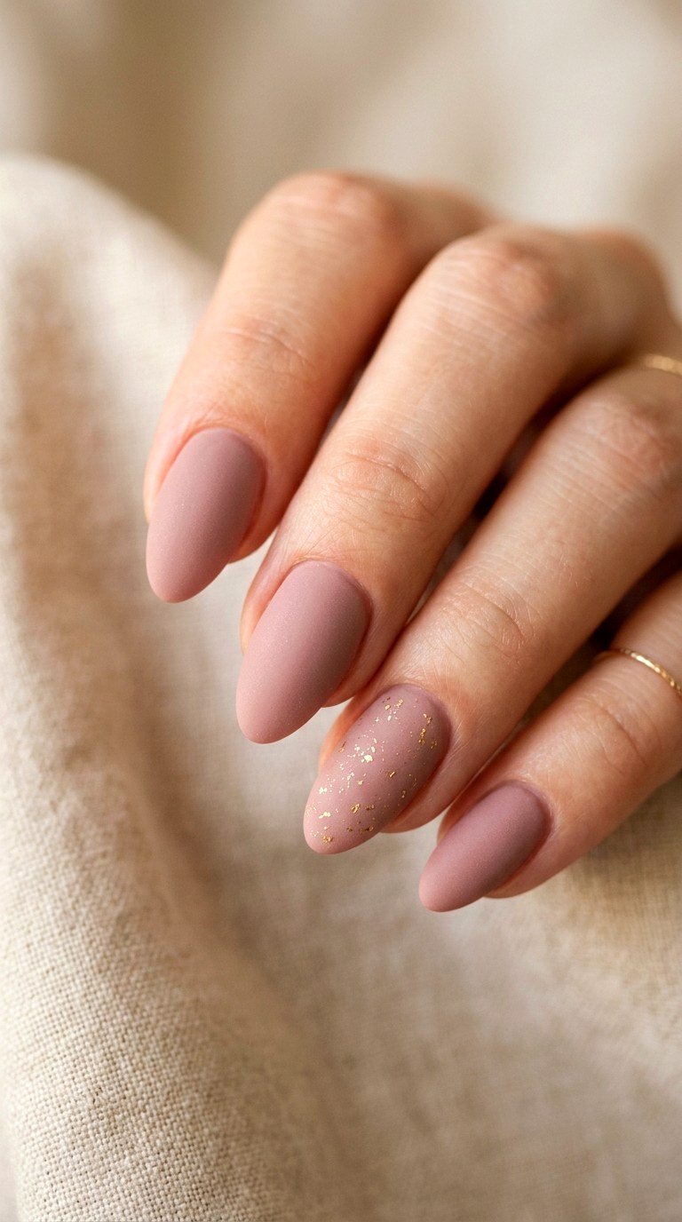 Dusty Blush Matte with Gold Flake Accents - 21 Matte Spring Multicolor Nails