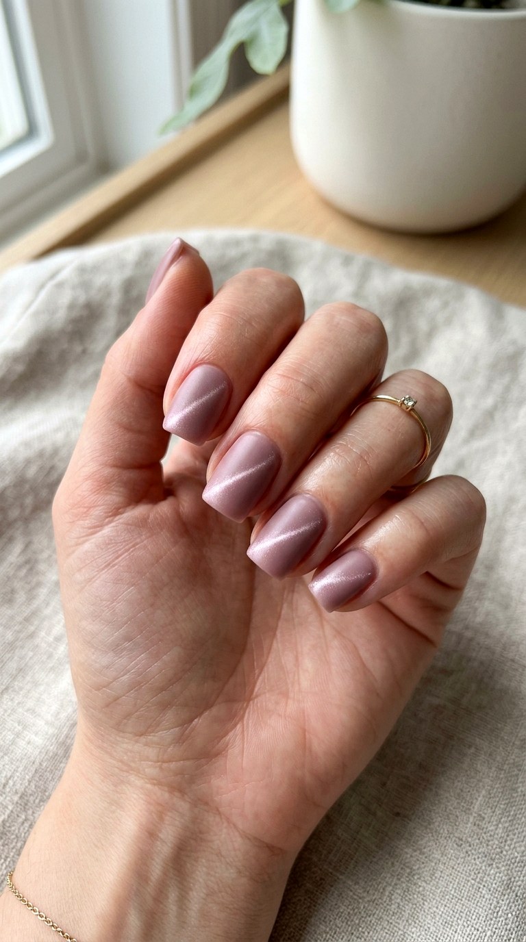 Dusty Pink Cat Eye with Subtle Micro Shimmer Line - 22 Summer Pink Cat Eye Nails with Shimmer Line Ideas