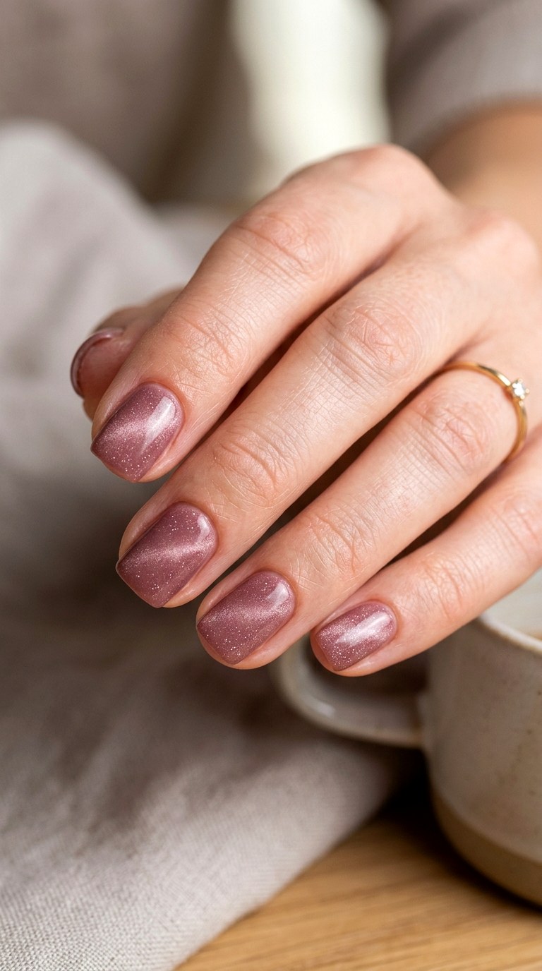 Dusty Rose Cat Eye with Micro Glitter - 21 Summer Blush Cat Eye Nails with Glitter Ideas