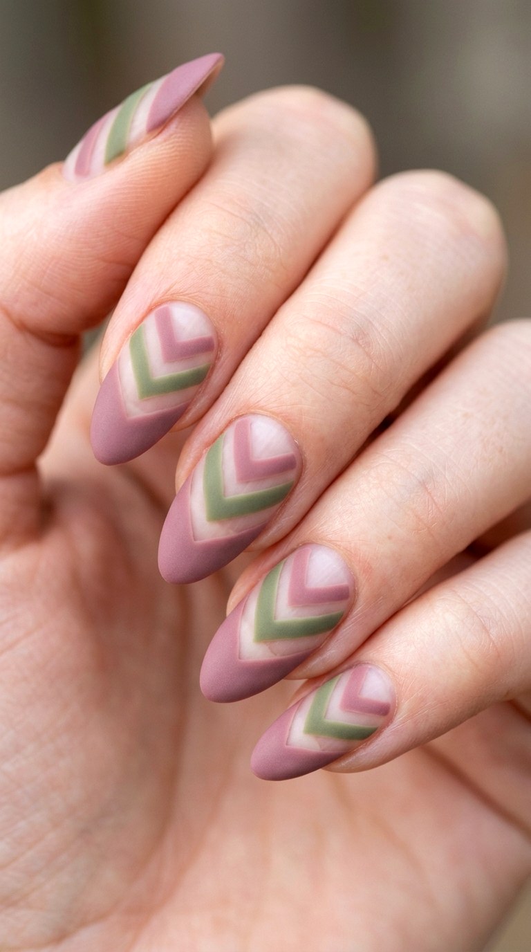 Dusty Rose and Olive Green Chevrons - 23 Geometric Spring Two Colored Nails