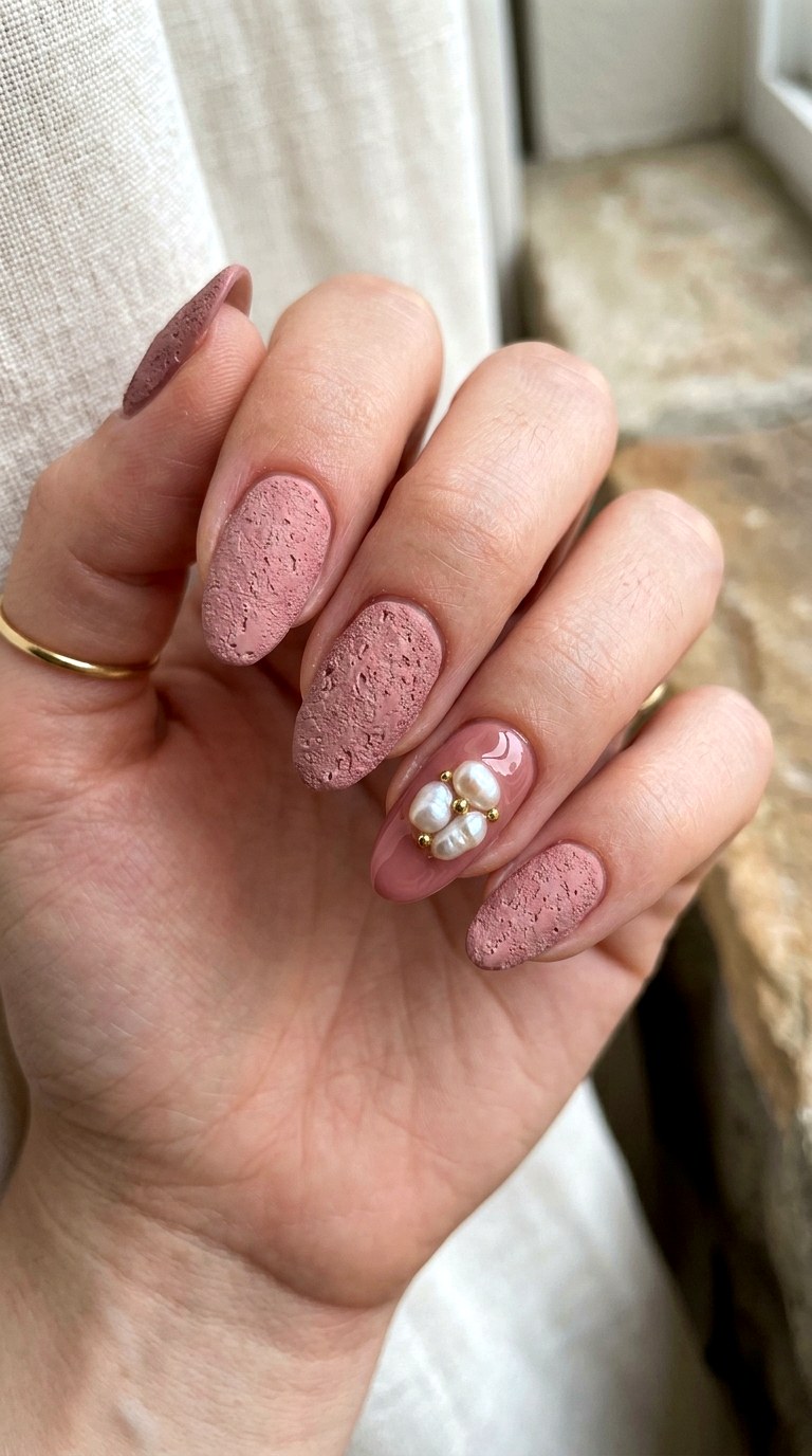 Dusty Rose with Chipped Stone Texture - 23 Contrast Spring Colorful Junk Nails