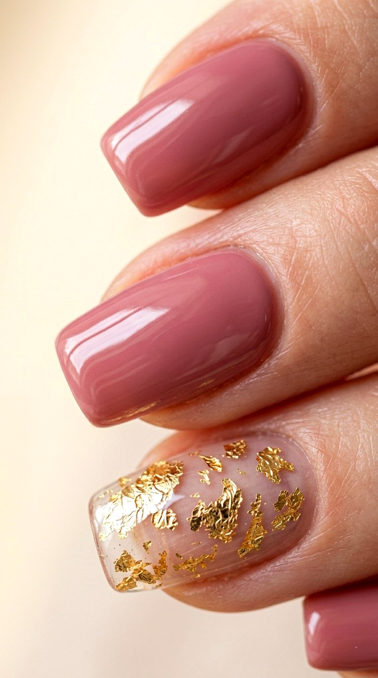 Dusty Rose with Gold Fragment Float - 25 Simple Spring Two Colored Nails