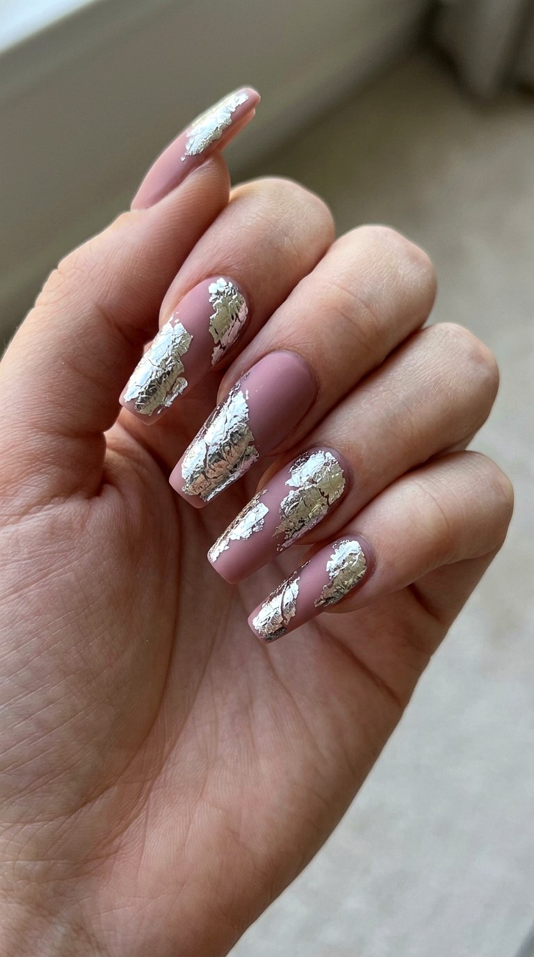 Dusty Rose with Silver Foil - 24 Fresh Spring Acrylic Nails