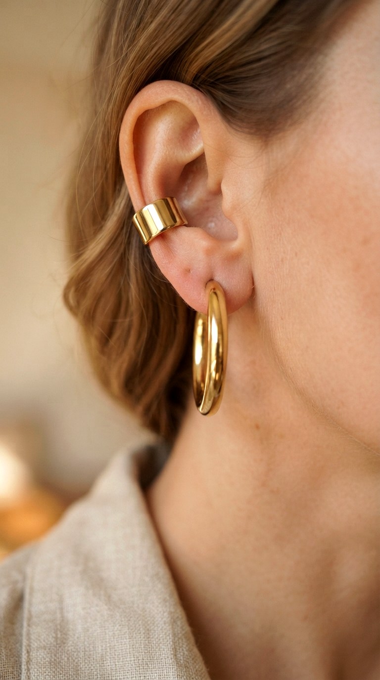 Ear Cuff and Hoop Harmony - 26 gold hoops earrings
