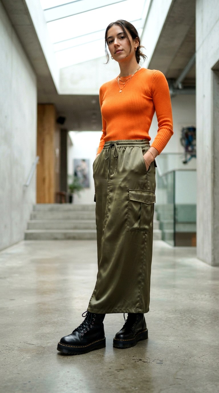 Earthy Olive Green Cargo Skirt - 27 orange top outfit