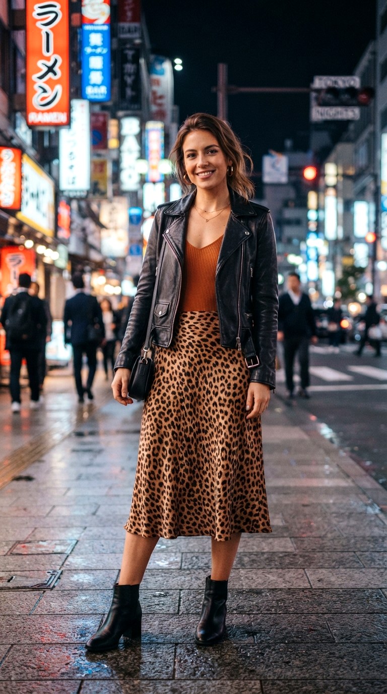 Edgy Animal Print Midi Skirt - 27 orange top outfit